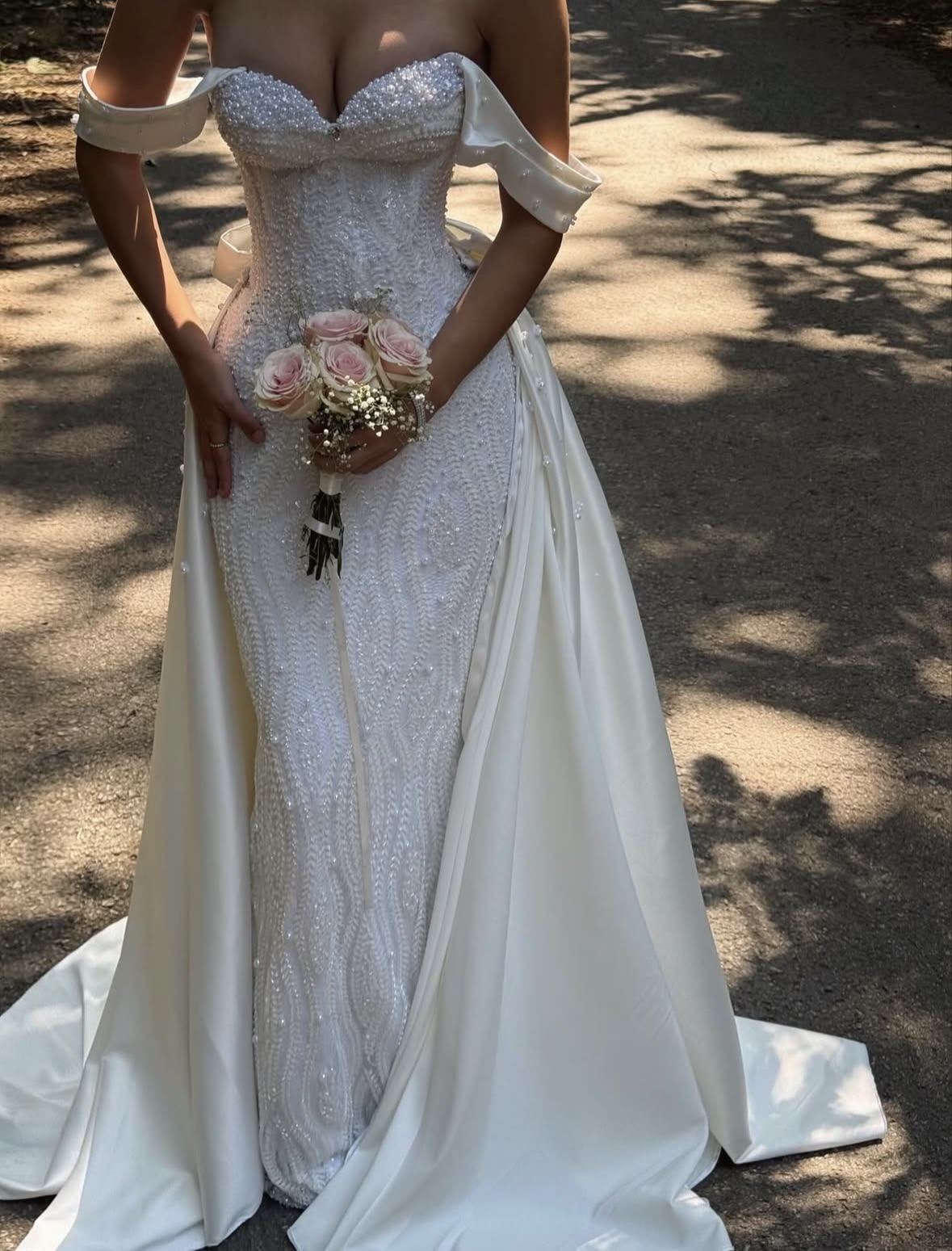 Stunning A Line Off the Shoulder Exquisite Pearl Satin Long Wedding Dress SH7339