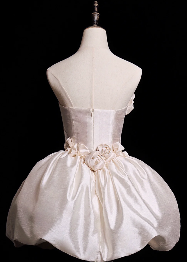 Cute A Line V Neck 3D Floral White Satin Short Homecoming Dress Birthday Dress SH4275
