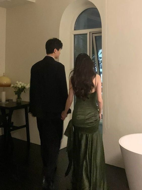 Dark Green Mermaid Spaghetti Strap Satin Prom Dress Wedding Guest Dress Date Dress SH4442
