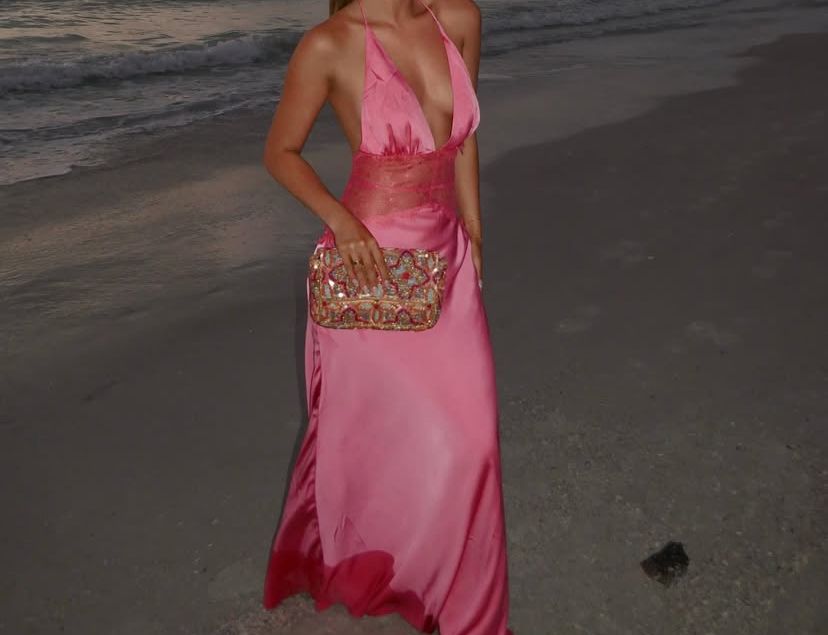 Pink A Line V Neck Lace Satin Long Prom Dress Evening Dress Beach Dress SH5846