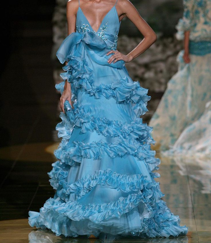Gorgeous A Line Spaghetti Strap Beaded Tiered Blue Chiffon Long Prom Dress Evening Dress SH2654