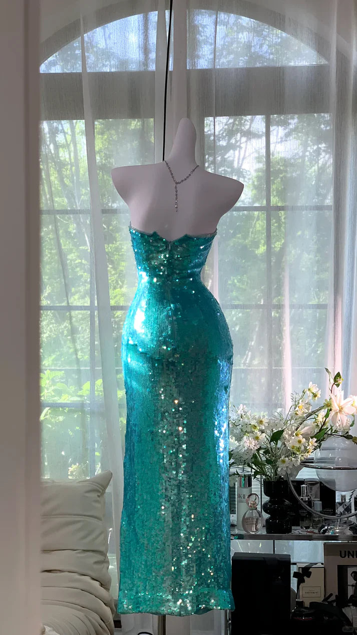 Shiny Blue Sheath Strapless Sequin Prom Dress Formal Dress Party Dress SH4022