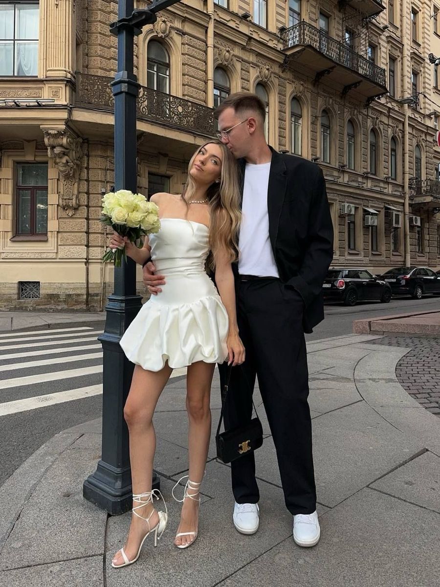 Cute A Line Strapless White Satin Short Wedding Dress Homecoming Dress SH7557