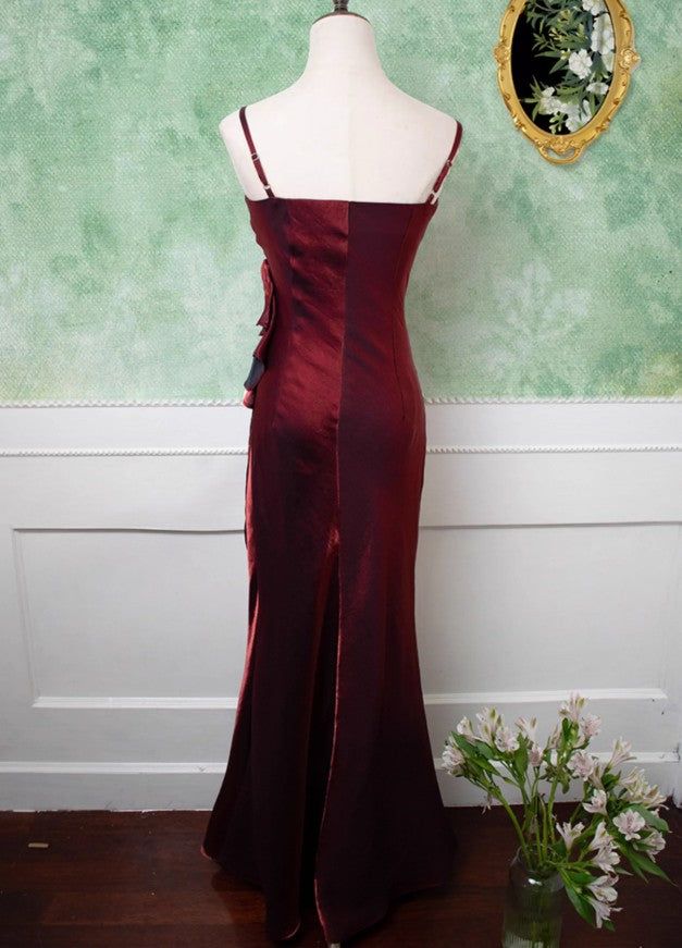 Retro Sheath Spaghetti Straps Flower Purple Satin Long Prom Dress Evening Dress SH3095