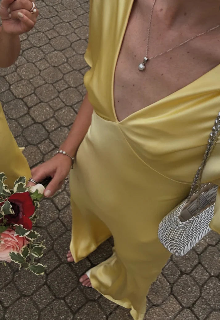 Simple Yellow A Line V Neck Sleeve Satin Long Prom Dress Evening Dress SH3730
