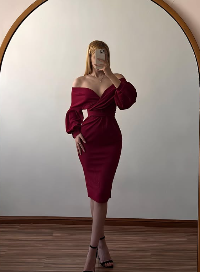 Vintage Elegant Sheath Long Sleeve Burgundy Satin Short Prom Dress Homecoming Dress SH6966