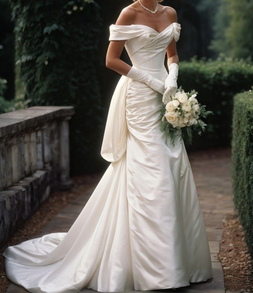 Elegant Mermaid Off the Shoulder Pleated Satin Long Sweep Wedding Dress SH4141