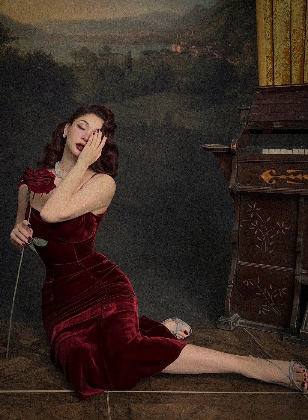 Classic Mermaid Spaghetti Strap Burgundy Velvet Tea Length Party Dress Prom Dress Formal Gown SH4306
