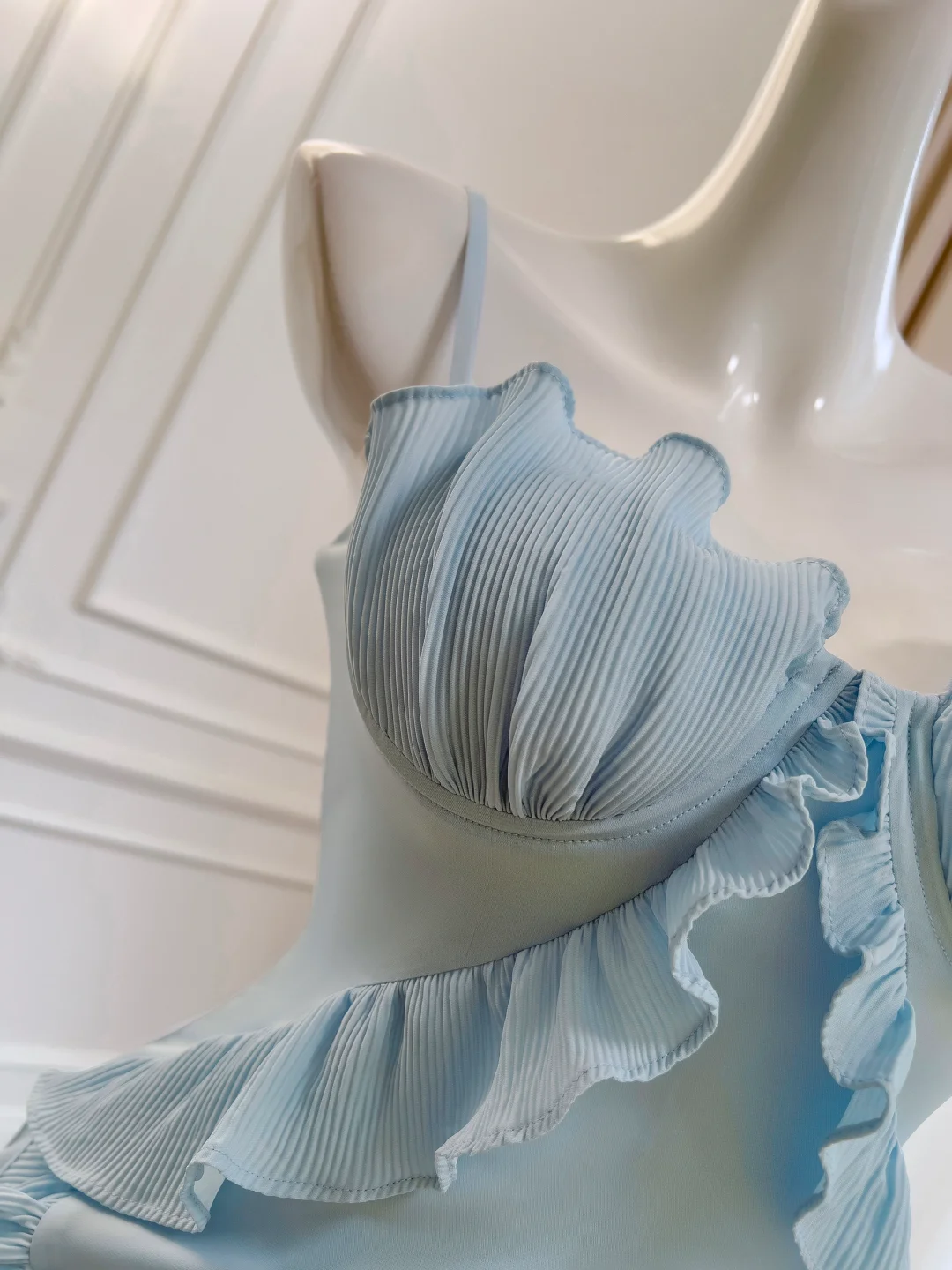 Gentle Sheath Spaghetti Strap Ruffle Blue Chiffon Prom Dress Wedding Guest Dress SH3014