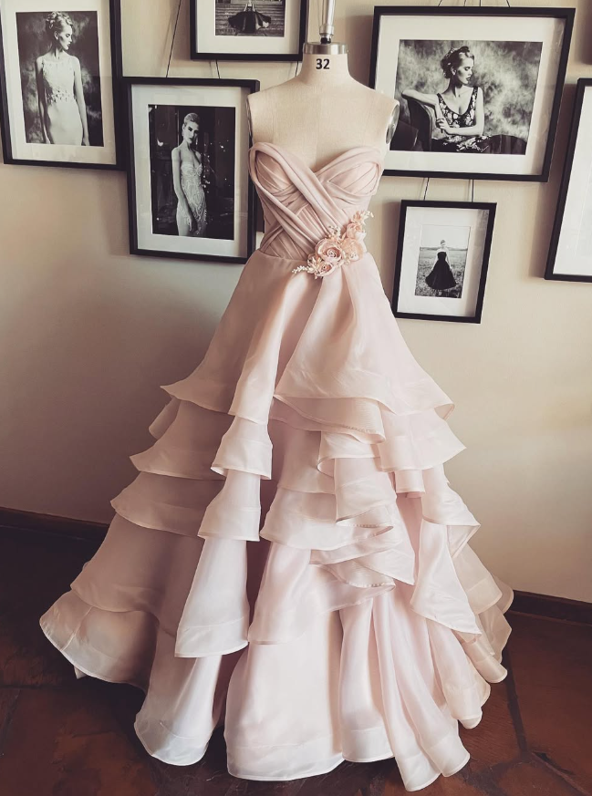 Gentle A Line Sweetheart Neck Flower Tiered Pink Tulle Long Party Dress Evening Dress SH2890