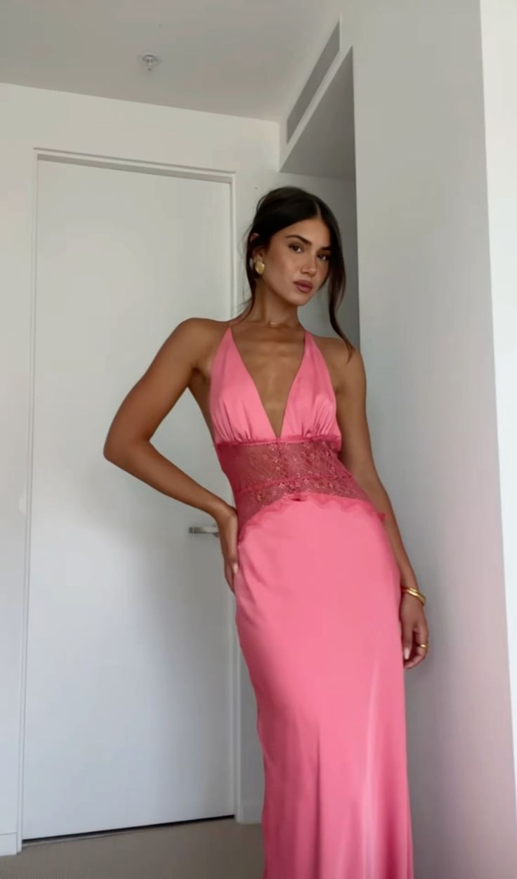 Pink A Line Halter Lace Satin Open Back Prom Dress Vacation Dress SH4491