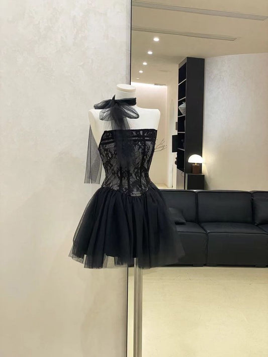 Black Sexy A Line Strapless Lace Tulle Short Homecoming Dress Cocktail Dress SH3429