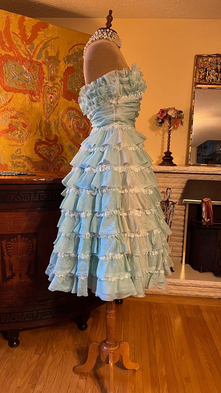 1940s Teal Vintage A Line Strapless Layered Organza Gown Homecoming Dress SH3661