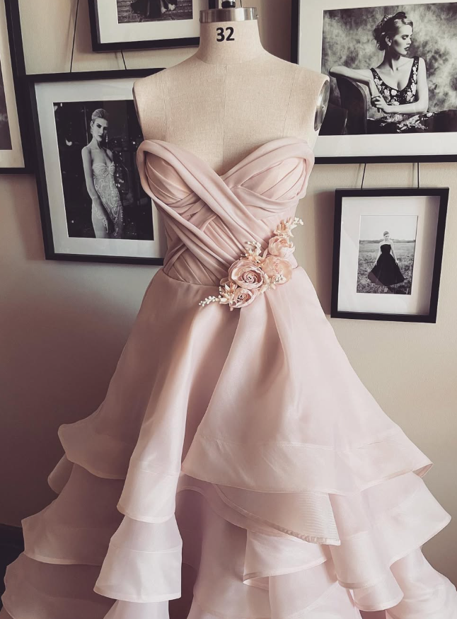 Gentle A Line Sweetheart Neck Flower Tiered Pink Tulle Long Party Dress Evening Dress SH2890