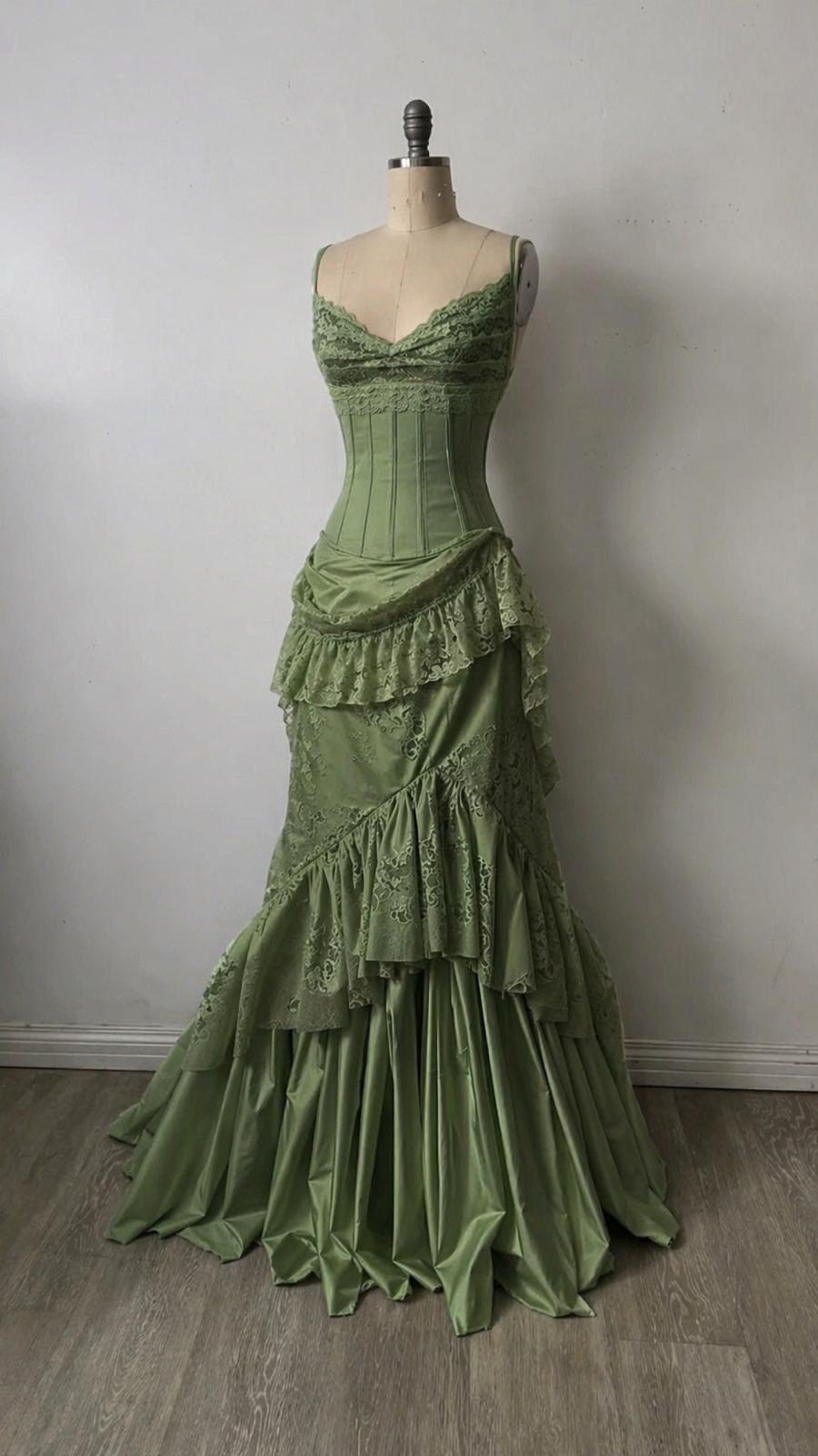 Vintage Green Mermaid Spaghetti Strap Exquisite Lace Satin Long Prom Dress Evening Dress SH6716