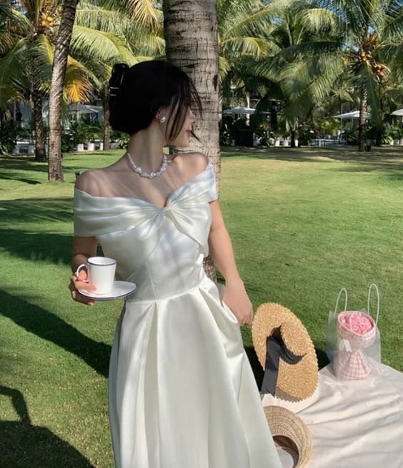 Bow Off The Shoulder Sexy Evening Dress White Fairy Party Prom Dress SH1264