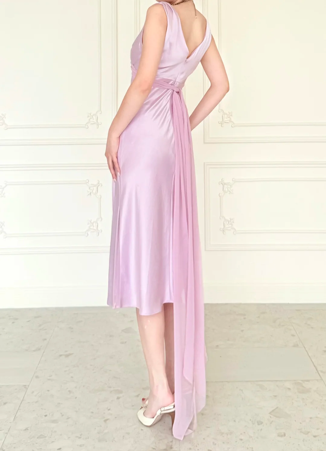 Gentle Light Purple A Line V Neck Chiffon Satin Prom Dress Evening Dress SH6759