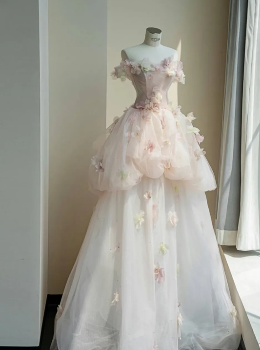 Floral A Line Off the Shoulder Pink Tulle Party Dress Evening Dress SH3374
