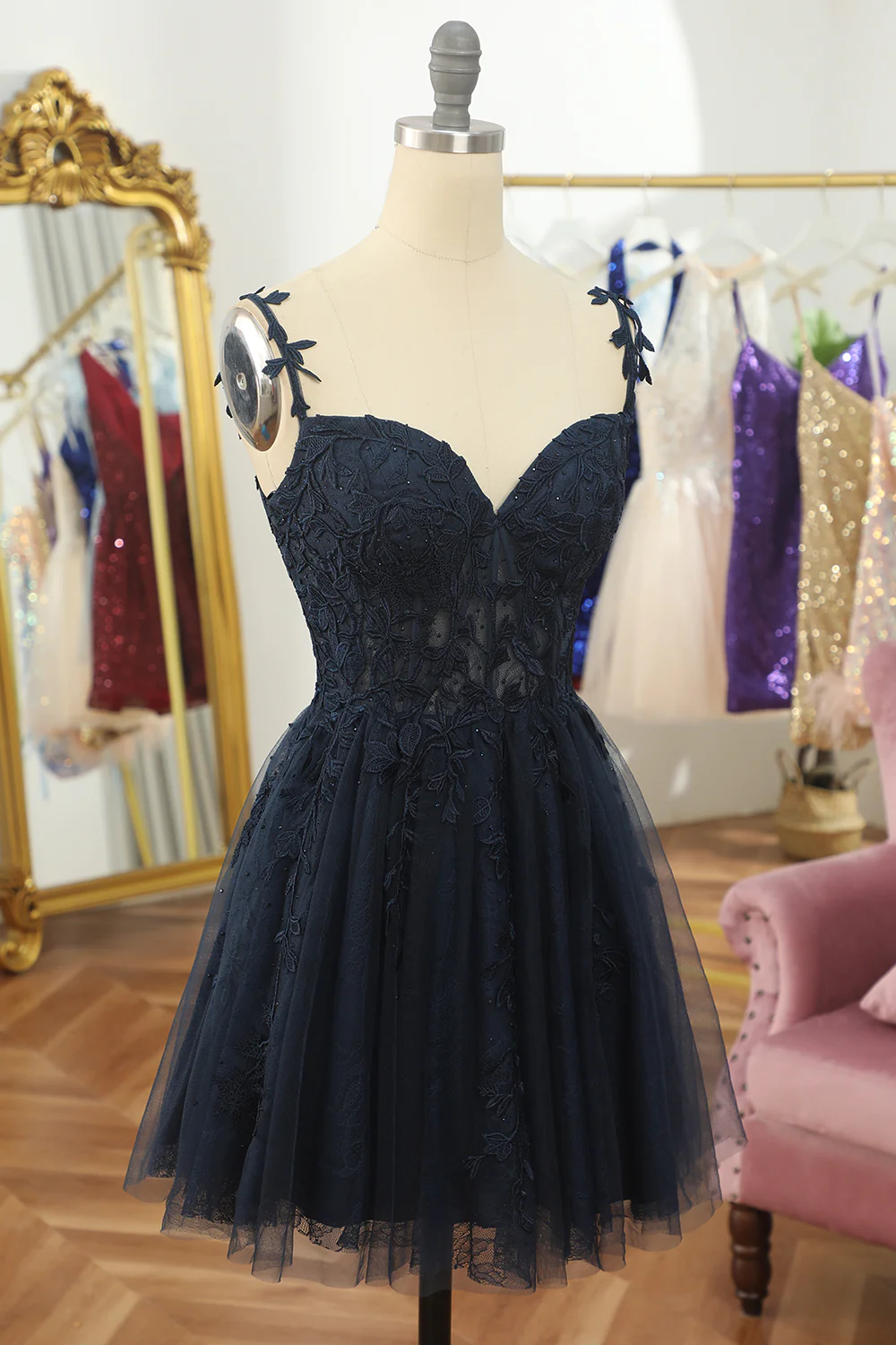 Navy Blue Spaghetti Straps Short Homecoming Dress With Appliques SH577