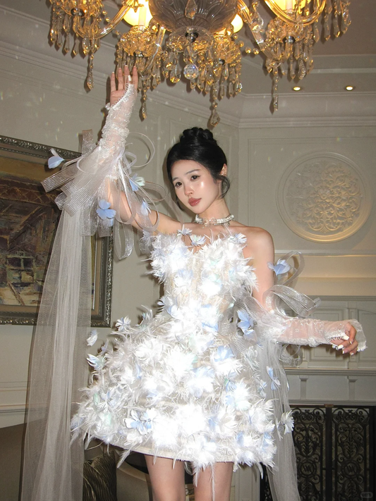 Blue Feather 3D Floral A Line Sweetheart Neck Tulle Short Cocktail Dress Homecoming Dress SH3404