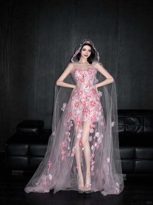 Romantic Pink 3D Floral A Line Sweetheart Neck Tulle Date Dress Evening Dress Homecoming Dress SH3441
