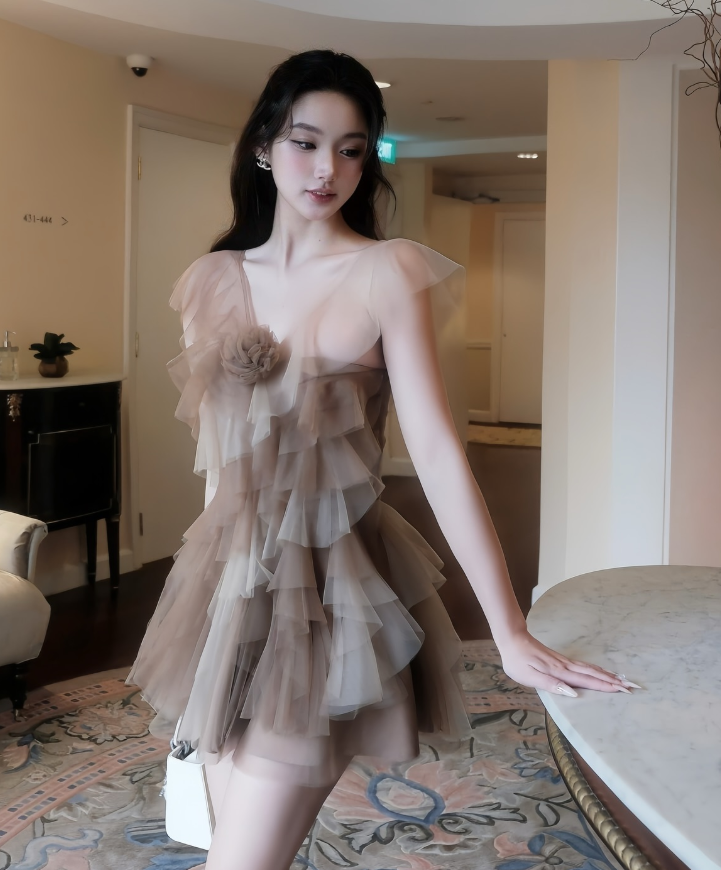 Romantic Brown A Line V Neck Layered Tulle Short Homecoming Dress Cocktail Dress SH3302