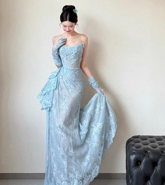 Blue Mermaid Strapless Pleated Blue Lace Long Party Dress Evening Dress SH3380