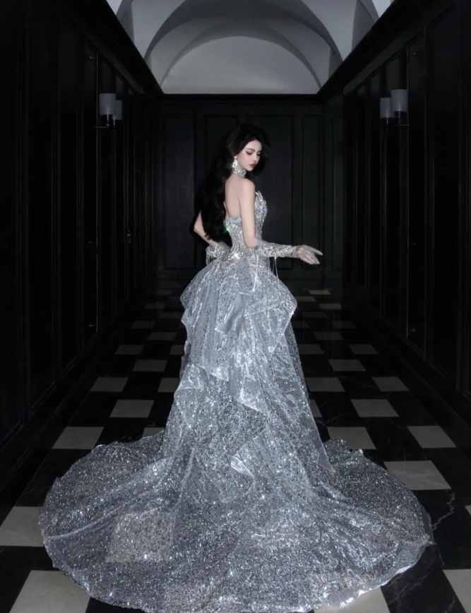 Silver Sequin Shiny Ball Gown Strapless Long Sweep Prom Dress Evening Dress Party Dress SH3617