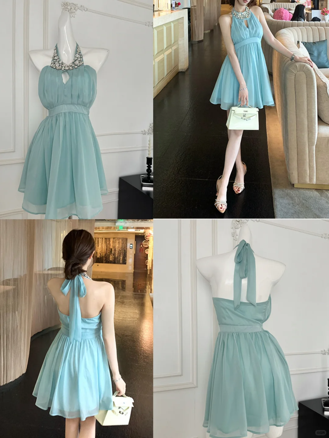Gentle A Line Halter Rhinestone Blue Chiffon Open Back Homecoming Dress Cocktail Dress SH3086