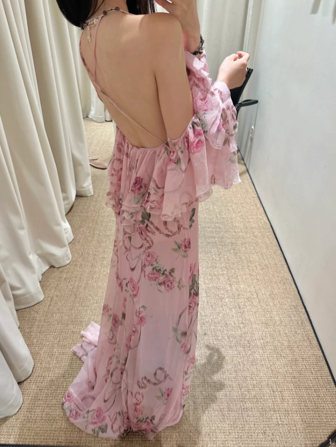 Flowy Pink A Line Spaghetti Strap Print Floral Chiffon Open Back Prom Dress Vacation Dress SH3985