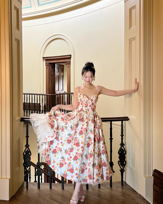 Princess A Line Spaghetti Strap Print Floral Satin Prom Dress 16th Birthday Dress SH3982