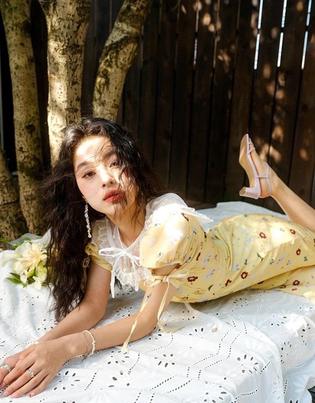 Cute A Line Puff Print Floral Lace Yellow Chiffon Summer Dress Party Dress Outfits SH4175