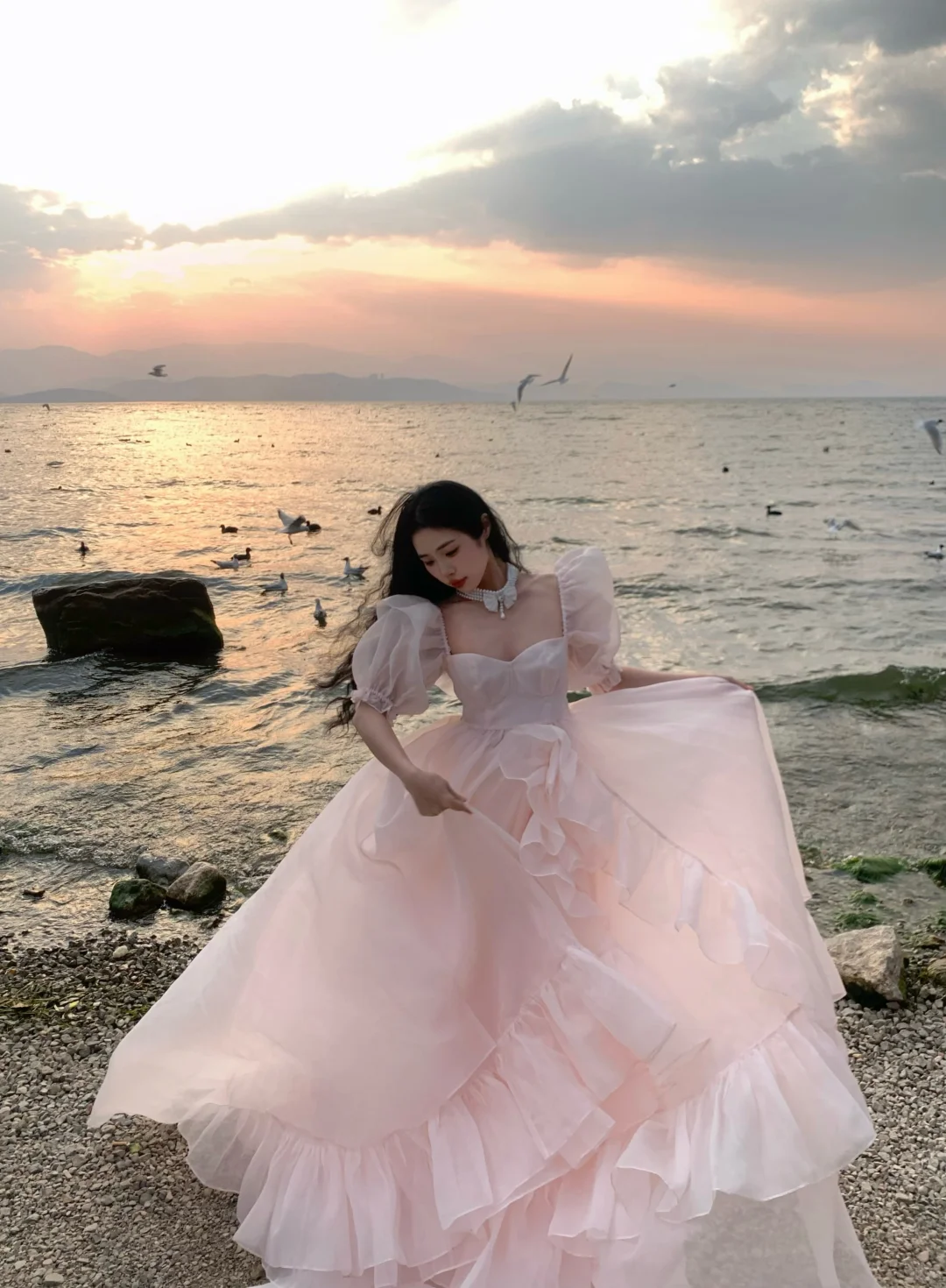 Princess Light Pink A Line Puff Chiffon Long Party Dress Evening Dress SH3405