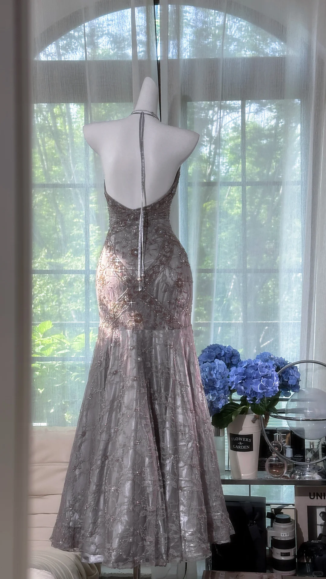 Vintage Grey Mermaid Spaghetti Strap Beaded Lace Prom Dress 22th Birthday Dress SH4415