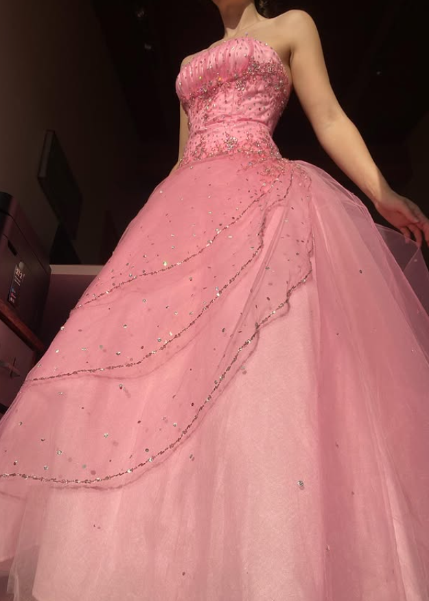 Princess Pink Ball Gown Strapless Beaded Layered Tulle Prom Dress Evening Dress SH5907