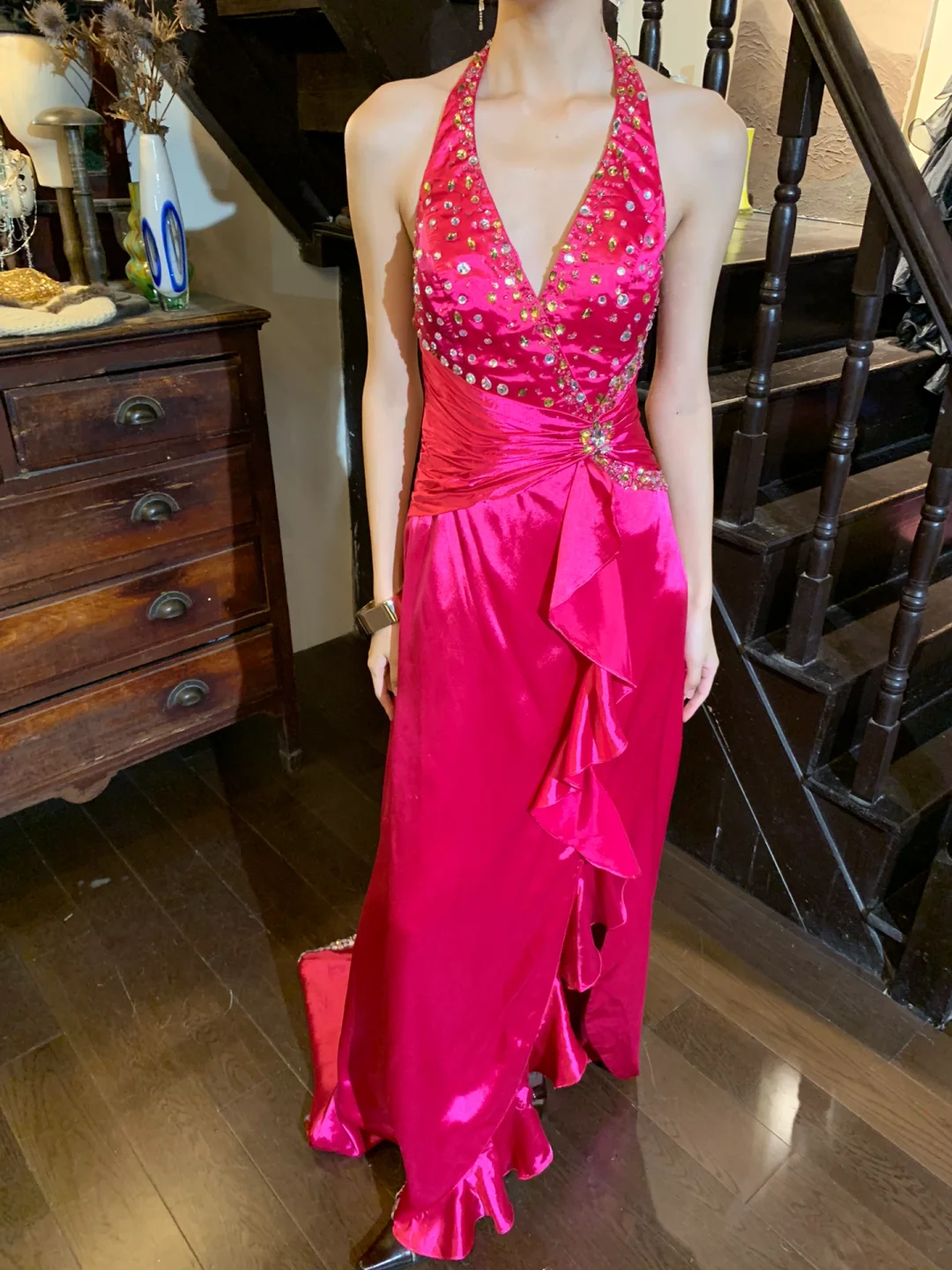 Barbie Pink Retro Mermaid Halter Beaded Ruffle Satin Party Dress Evening Dress SH3369