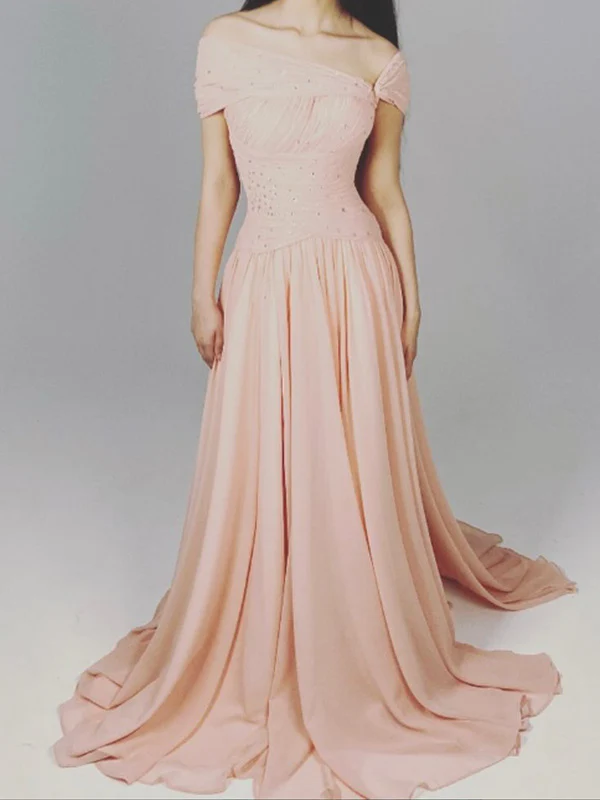 Pink Elegant A Line Off the Shoulder Beaded Chiffon Long Evening Dress Prom Dress SH3937