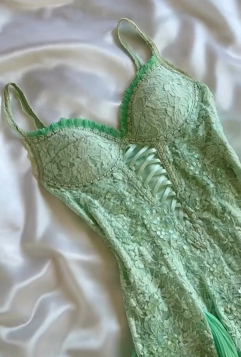 Green A Line Spaghetti Strap Lace Chiffon Evening Dress Party Dress SH3424