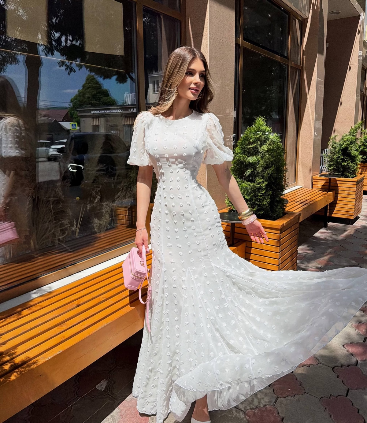 Pretty Mermaid Puff Sleeve White Chiffon Prom Dress Evening Dress SH8560