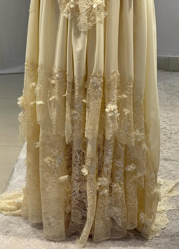 Yellow A Line Sweetheart Neck Appliques Lace Chiffon Prom Dress Wedding Guest Dress SH4440