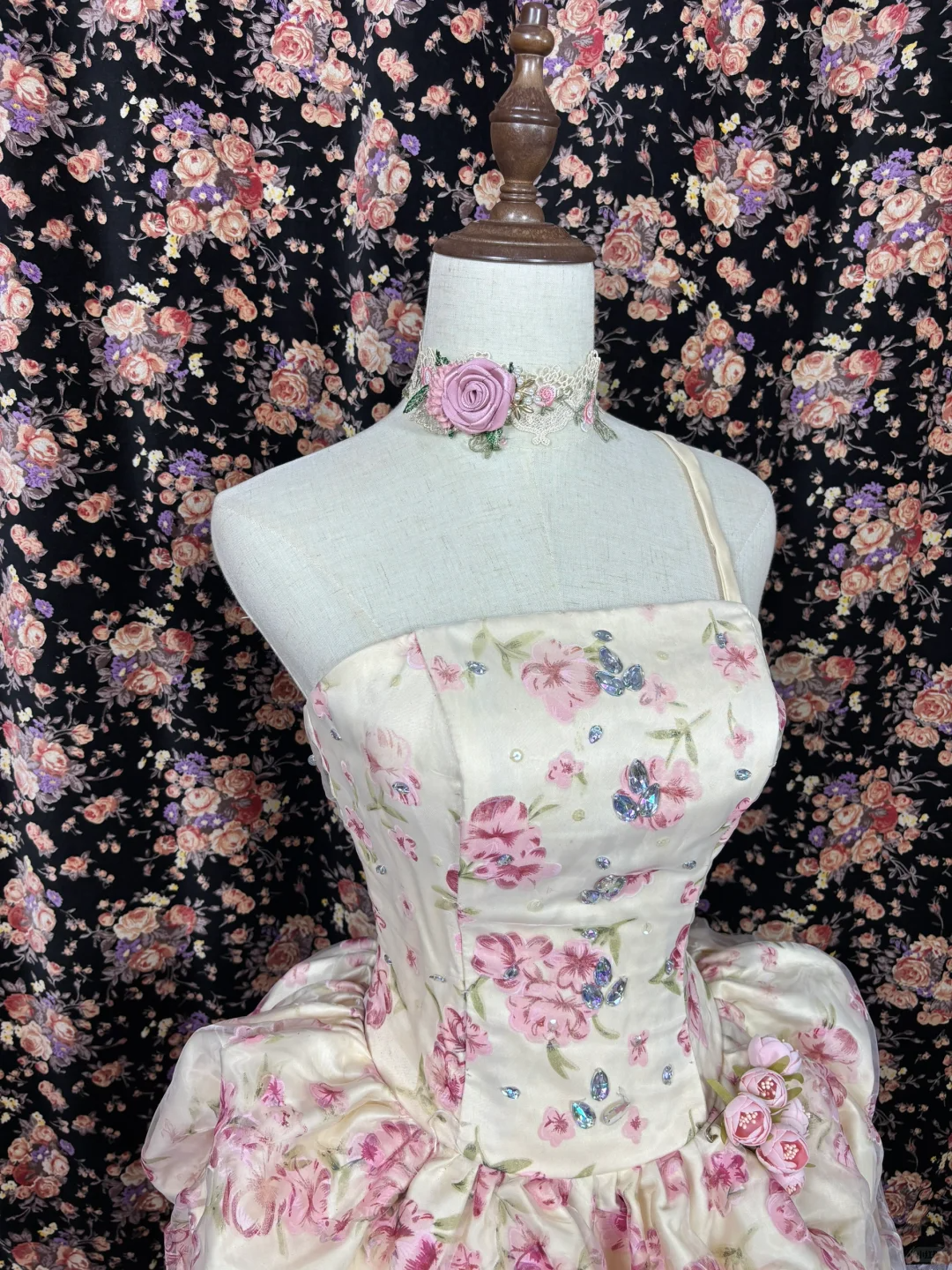 Vintage Pink Print Floral Apricot Satin Prom Dress Party Evening Dress SH5693