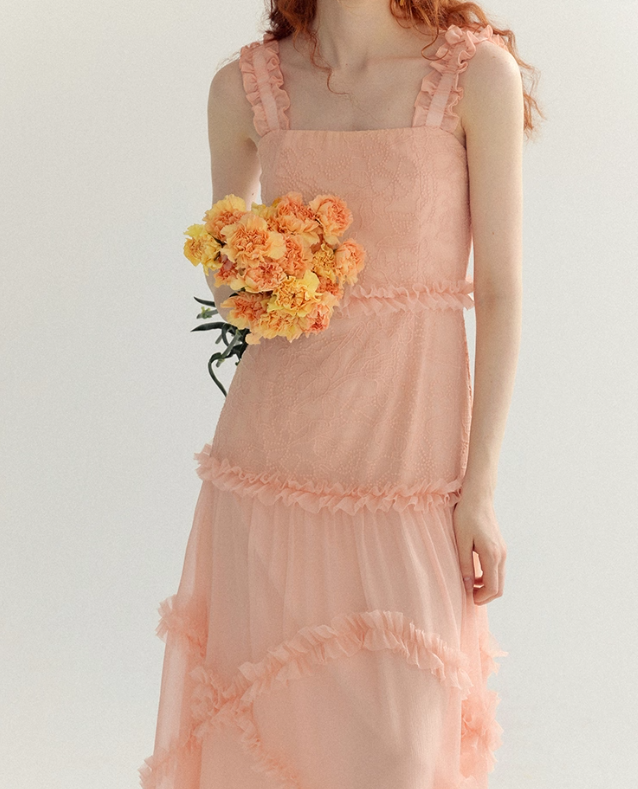 Orange-pink A Line Spaghetti Strap Lace Long Prom Dress Party Dress SH4146