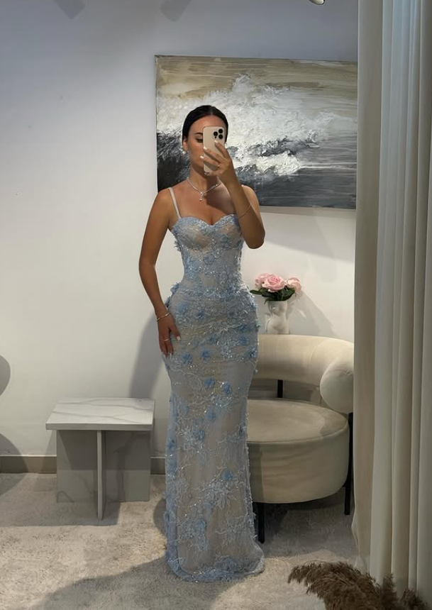 Baby Blue Sheath V Neck Beaded 3D Floral Lace Prom Dress Evening Dress SH4437