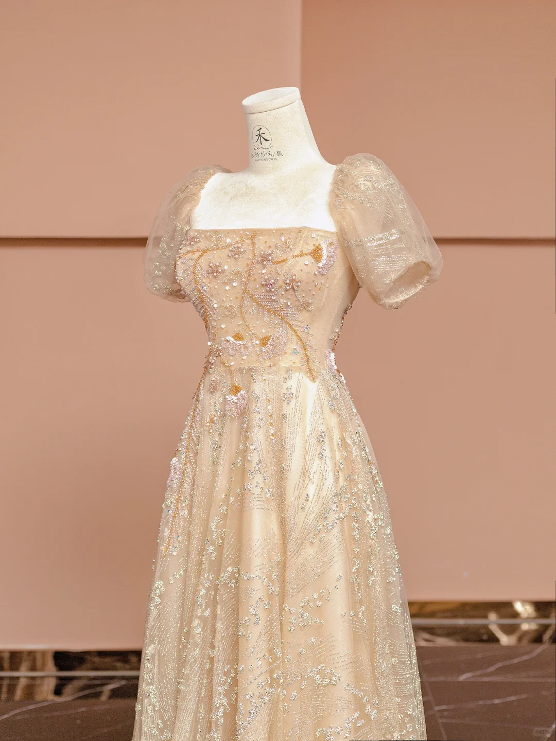 Pretty A Line Puff Beaded Sequin Champagne Tulle Long Prom Dress Party Dress SH4365