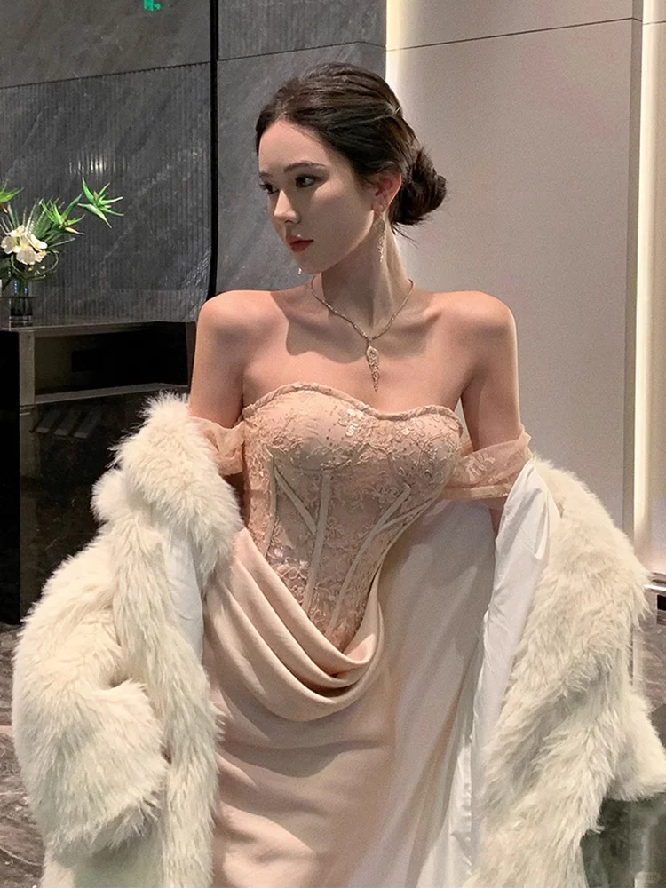 Elegant Mermaid Off the Shoulder Apricot Lace Satin Prom Dress Evening Dress Formal Gown SH3923