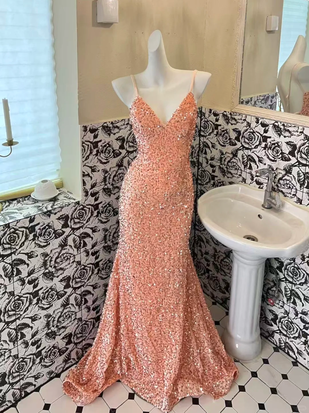 Shiny Orange Mermaid Spaghetti Strap Sequin Open Back Evening Dress Prom Dress SH3845