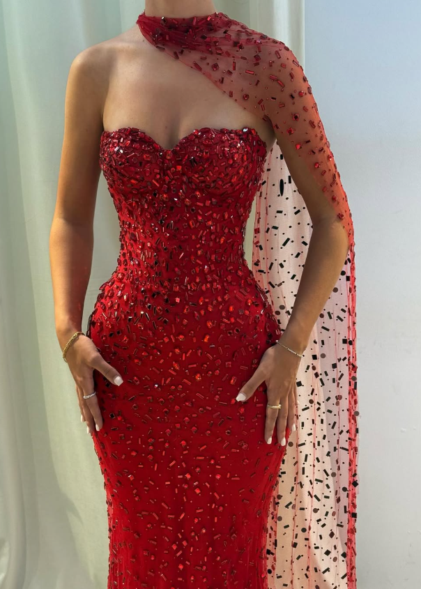 Sexy Red Sheath Strapless Beaded Tulle Prom Dress SH4567