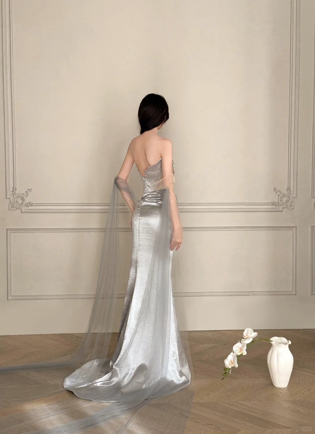 Gorgeous Mermaid Strapless Beaded Silver Satin Tulle Long Evening Dress Ball Gown SH3490