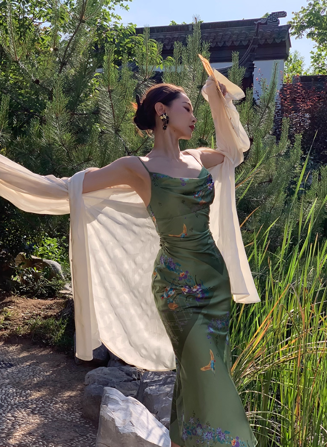 Green Simple Sheath Spaghetti Strap Print Floral Satin Prom Dress Evening Dress Formal Gown SH4046