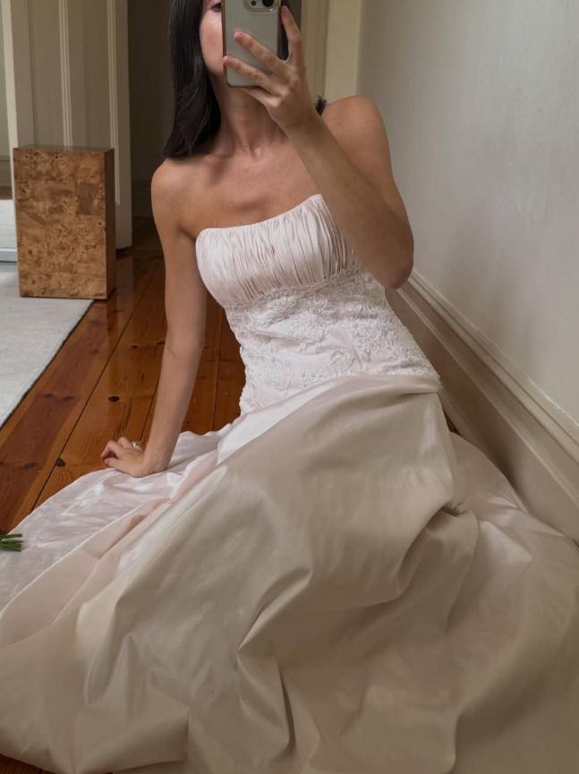 Retro A Line Strapless Exquisite Lace Satin Long Wedding Dress SH8479
